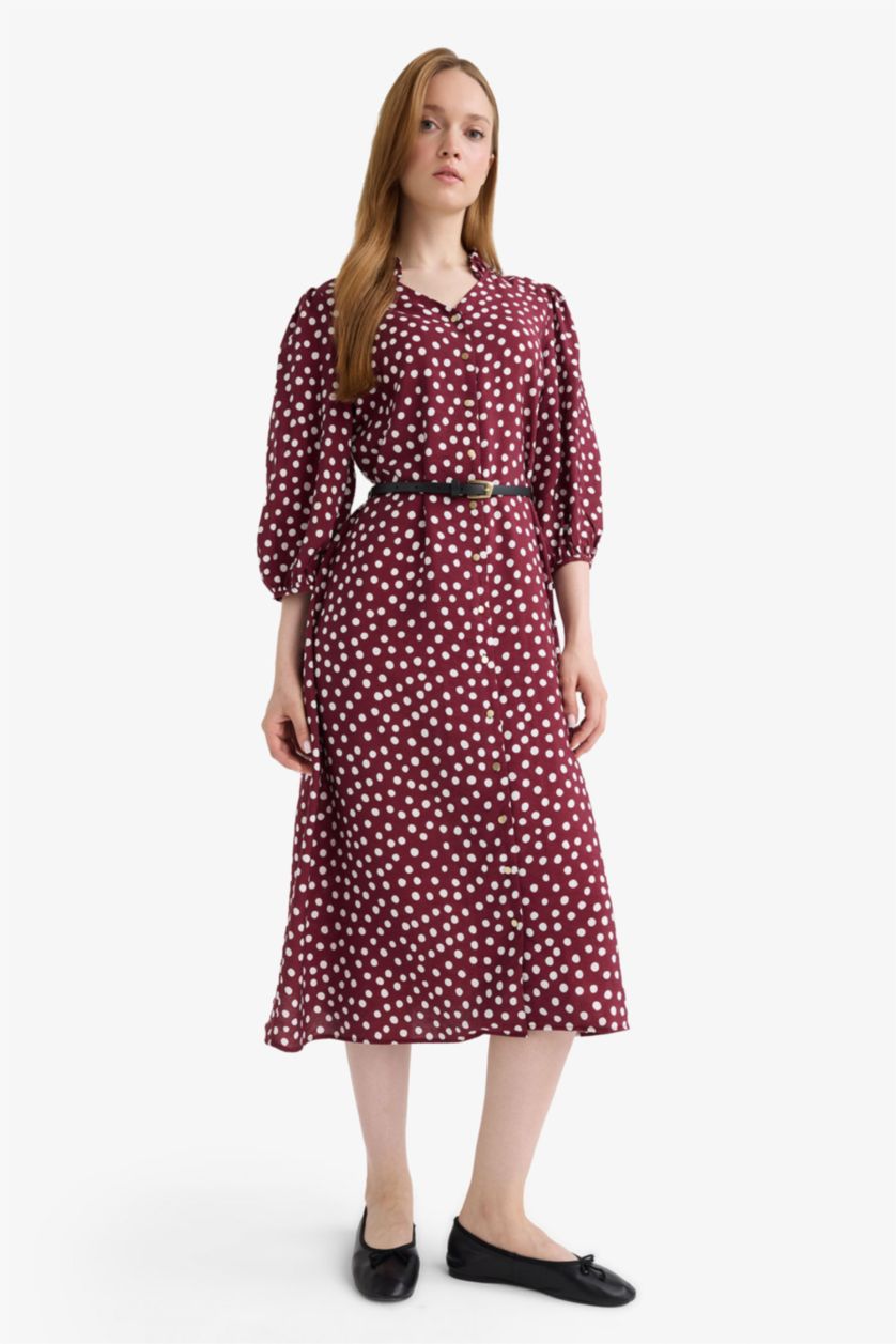 Woman Bordeaux Relax Fit V-Neck Polka Dot Half Sleeve Dress