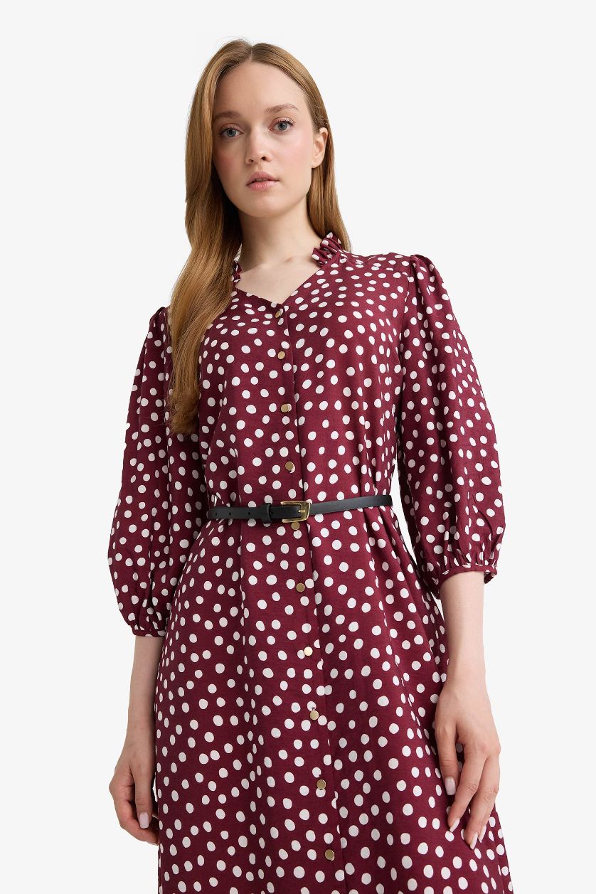 Woman Bordeaux Relax Fit V-Neck Polka Dot Half Sleeve Dress