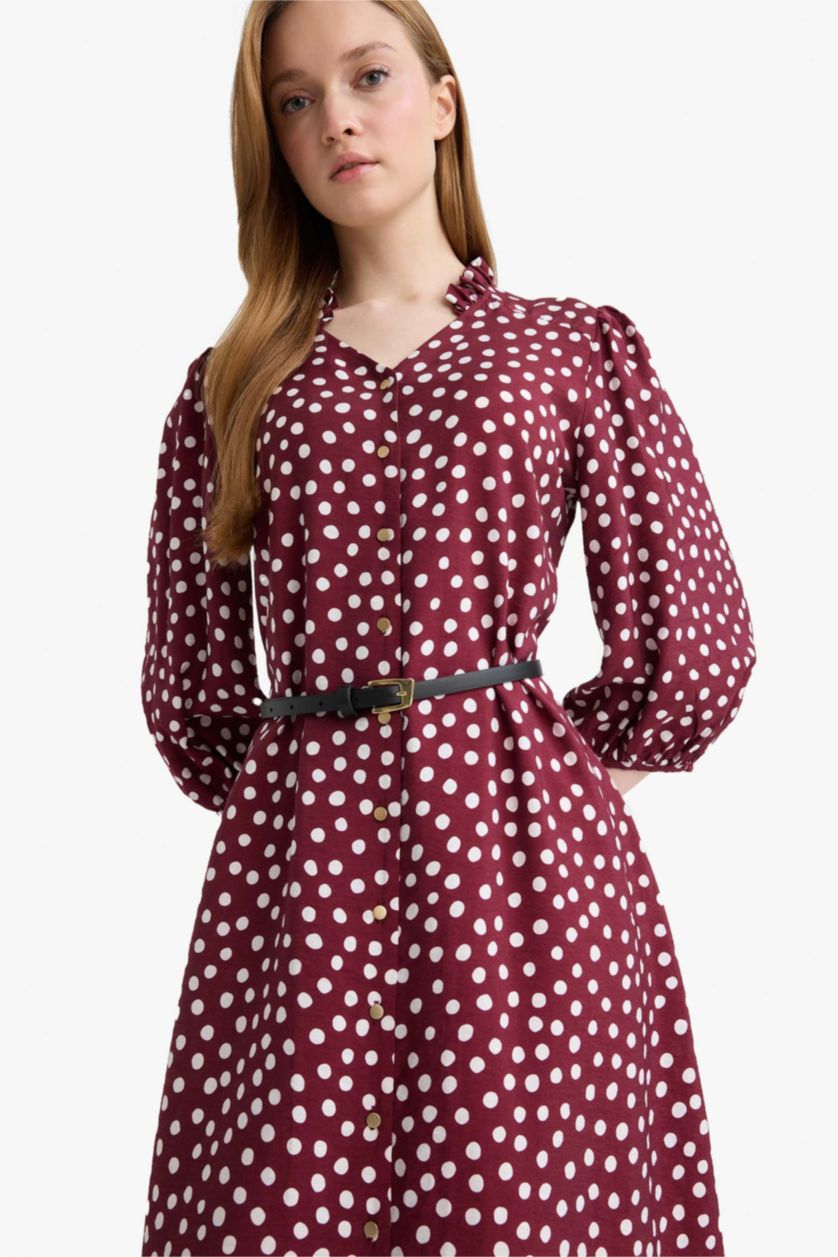 Woman Bordeaux Relax Fit V-Neck Polka Dot Half Sleeve Dress