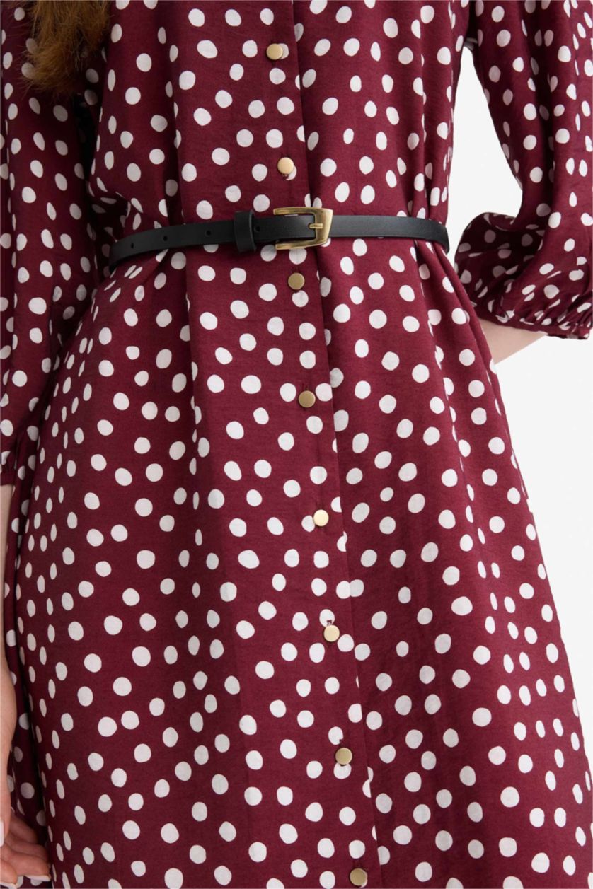 Woman Bordeaux Relax Fit V-Neck Polka Dot Half Sleeve Dress