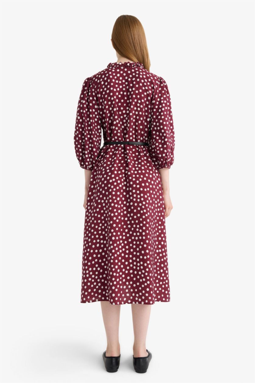 Woman Bordeaux Relax Fit V-Neck Polka Dot Half Sleeve Dress