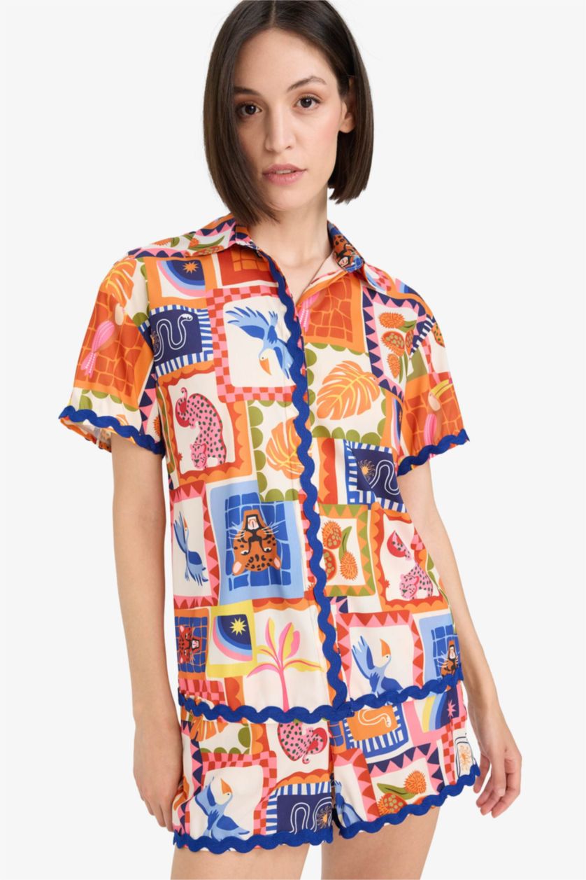 Kadın Turuncu Regular Fit Tropikal Desenli Plaj Gömleği