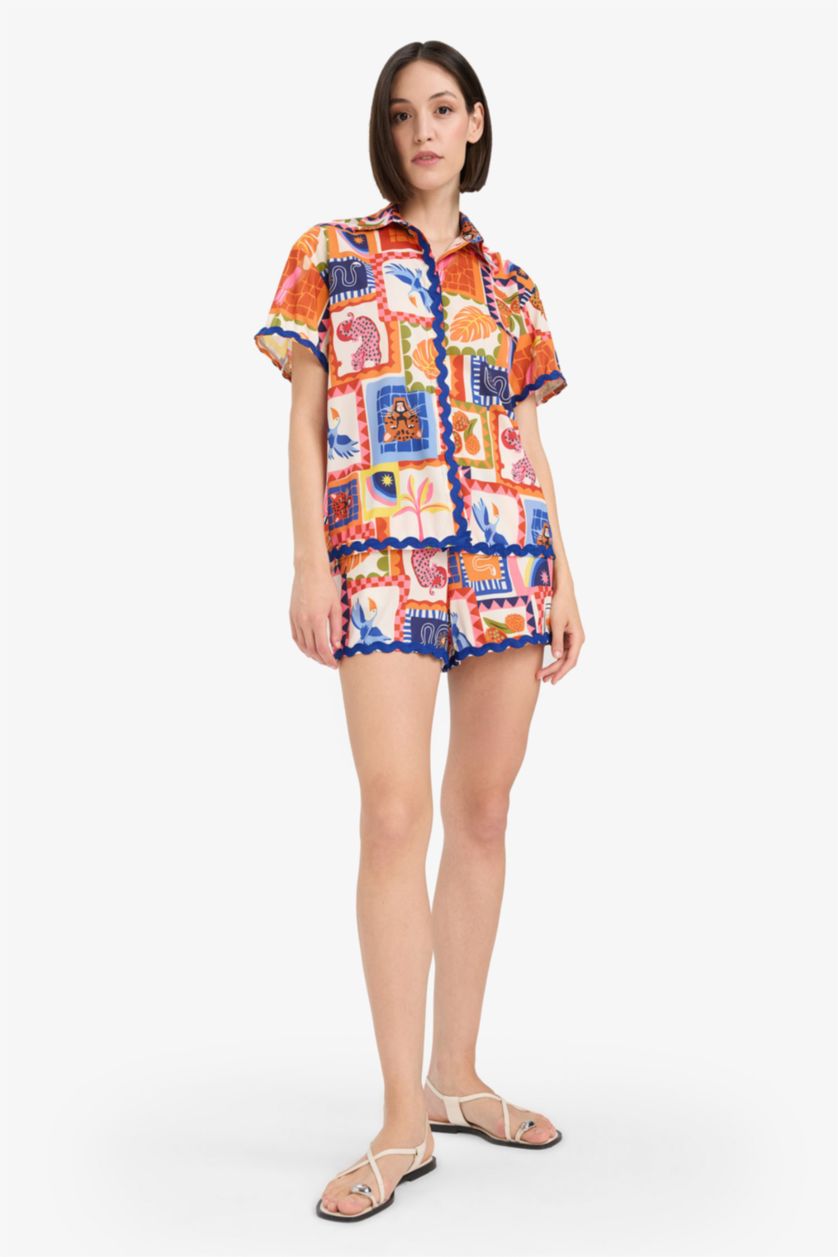 Kadın Turuncu Regular Fit Tropikal Desenli Plaj Gömleği