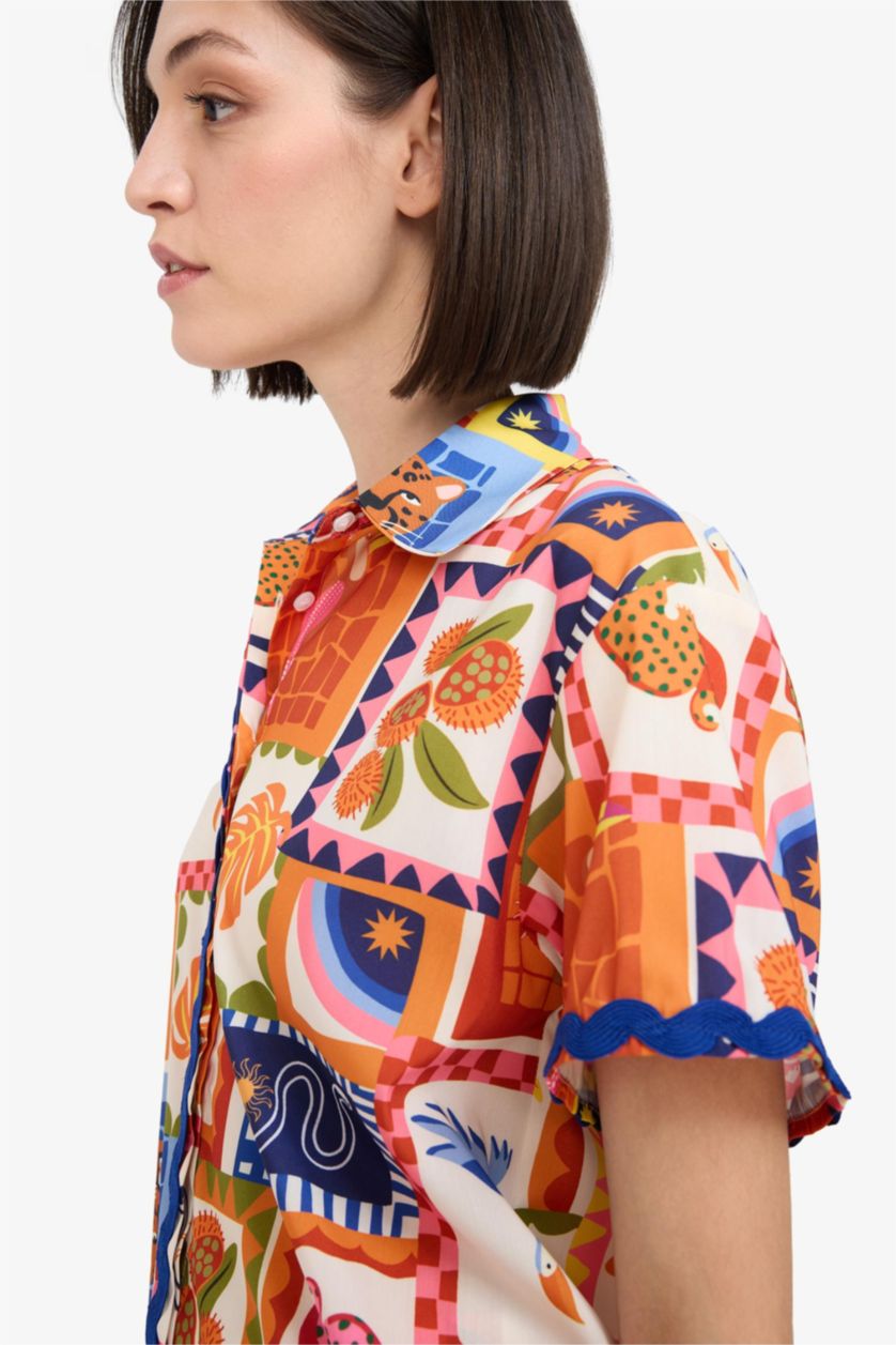 Kadın Turuncu Regular Fit Tropikal Desenli Plaj Gömleği