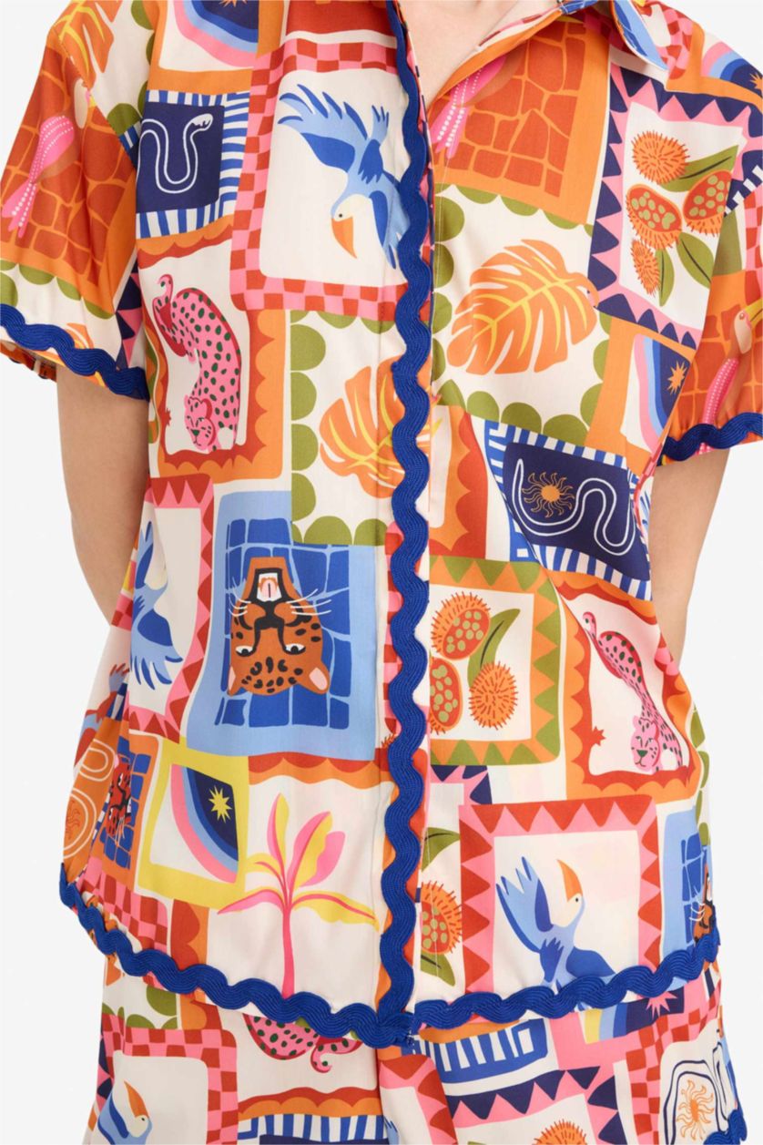 Kadın Turuncu Regular Fit Tropikal Desenli Plaj Gömleği
