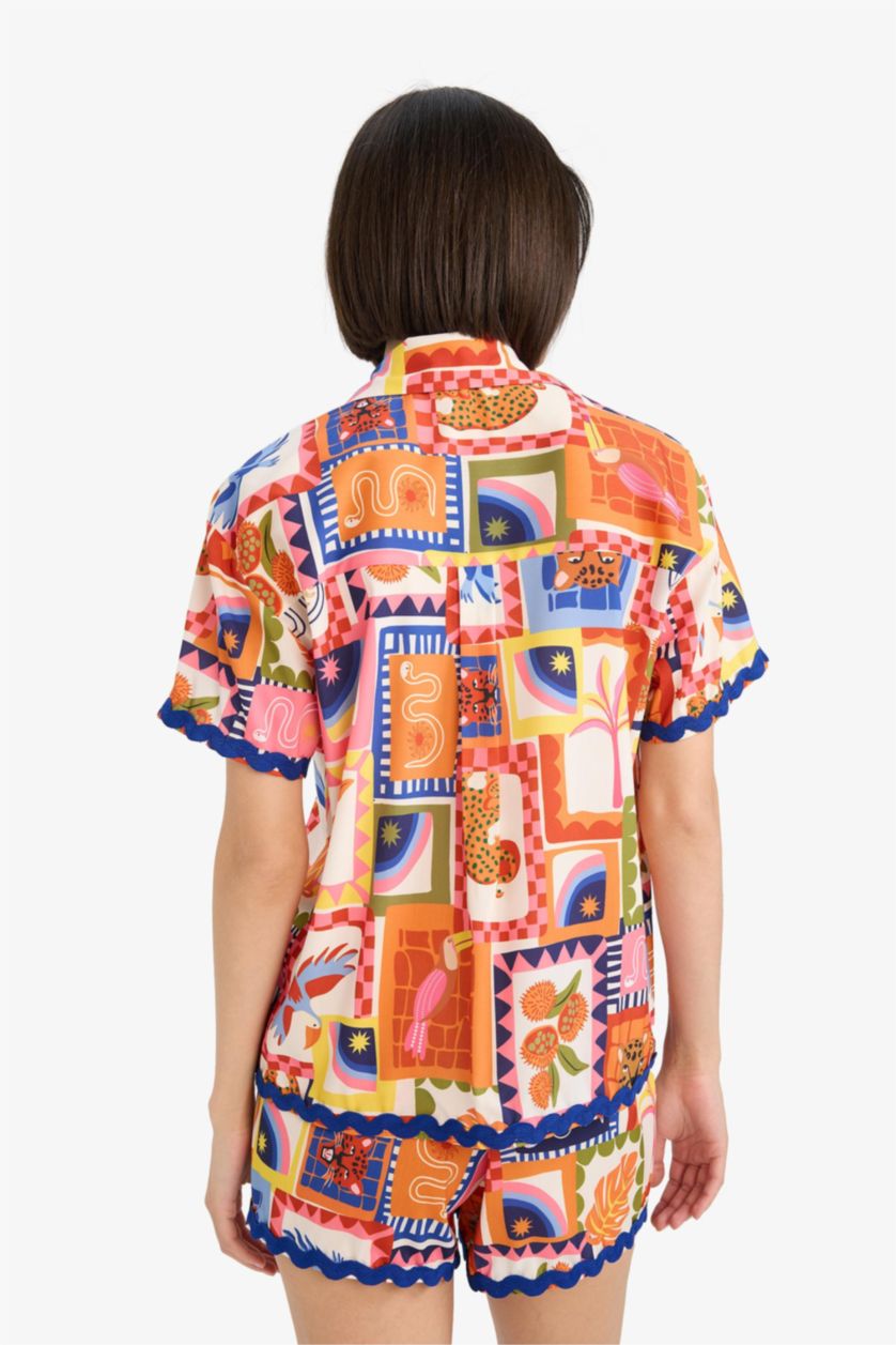 Kadın Turuncu Regular Fit Tropikal Desenli Plaj Gömleği