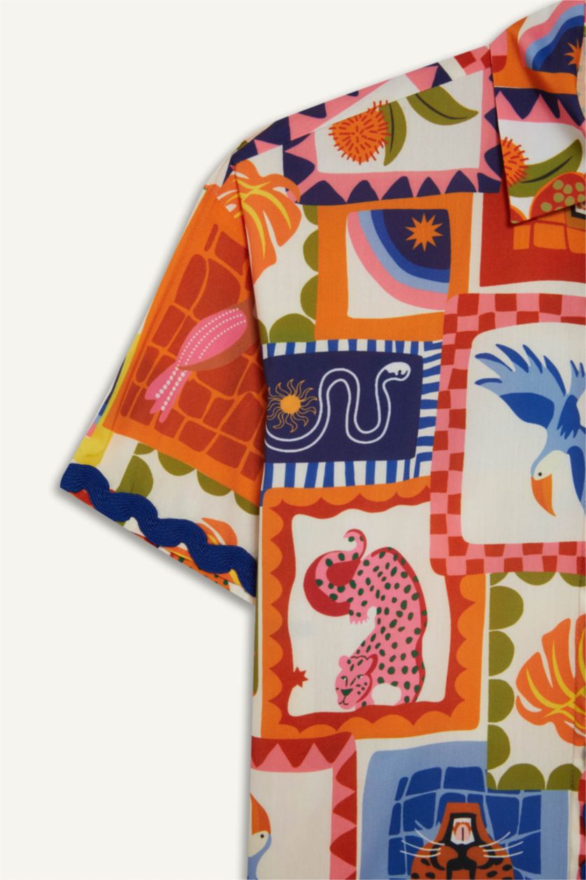 Kadın Turuncu Regular Fit Tropikal Desenli Plaj Gömleği