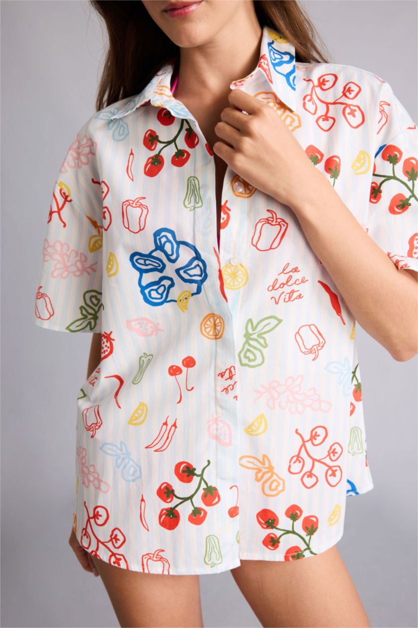 Woman Light Blue 100% Cotton Regular Fit Tropical Pattern Poplin Beach Shirt