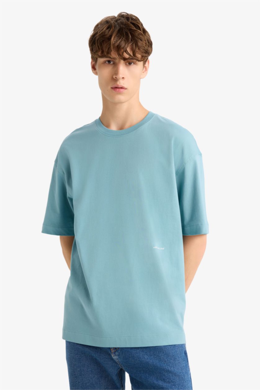 Erkek Yeşil Boxy Fıt Bisiklet Yaka Baskılı Kısa Kollu Tişört