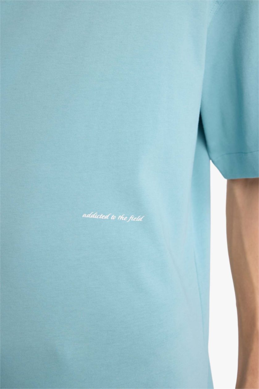 Erkek Yeşil Boxy Fıt Bisiklet Yaka Baskılı Kısa Kollu Tişört