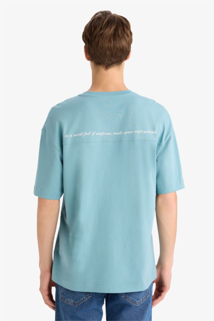 Erkek Yeşil Boxy Fıt Bisiklet Yaka Baskılı Kısa Kollu Tişört