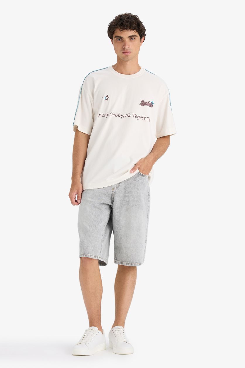 Erkek Ekru Boxy Fıt Bisiklet Yaka Baskılı Kısa Kollu Tişört