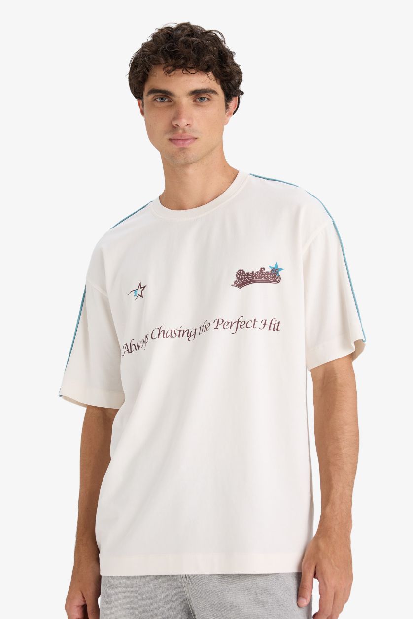 Erkek Ekru Boxy Fıt Bisiklet Yaka Baskılı Kısa Kollu Tişört