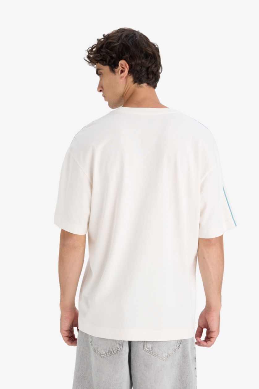 Erkek Ekru Boxy Fıt Bisiklet Yaka Baskılı Kısa Kollu Tişört