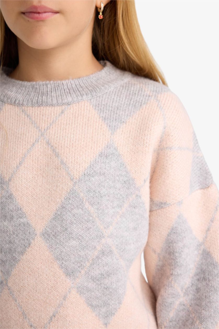 GIRLS & TEENS Grey Girl Oversize Fit Printed Crew Neck Knitted Pullover