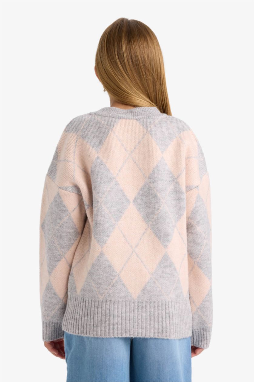 GIRLS & TEENS Grey Girl Oversize Fit Printed Crew Neck Knitted Pullover