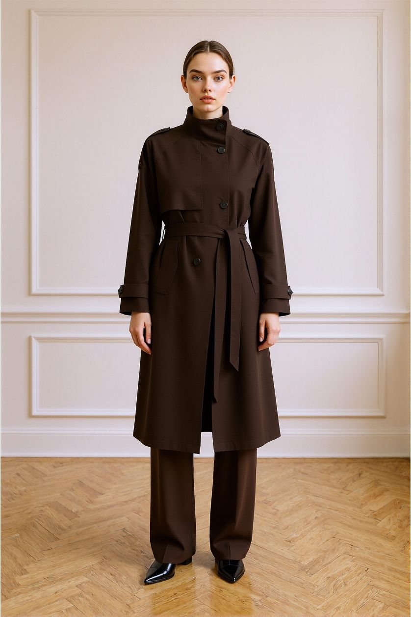 Kadın Kahve Regular Fit Kemerli Pamuklu Uzun Trençkot
