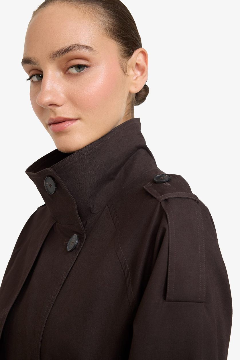 Kadın Kahve Regular Fit Kemerli Pamuklu Uzun Trençkot