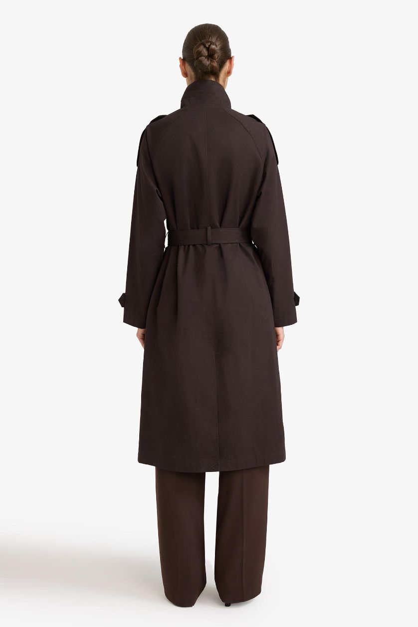 Kadın Kahve Regular Fit Kemerli Pamuklu Uzun Trençkot