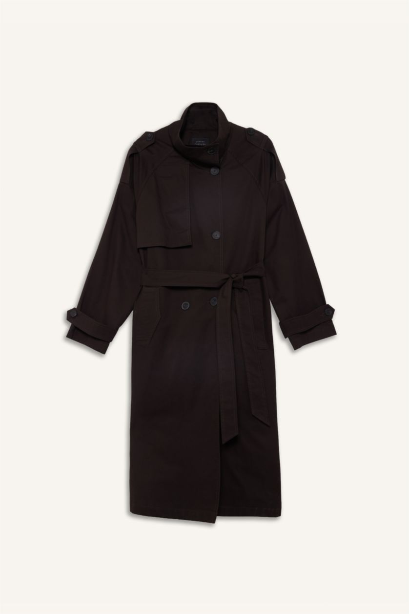 Kadın Kahve Regular Fit Kemerli Pamuklu Uzun Trençkot