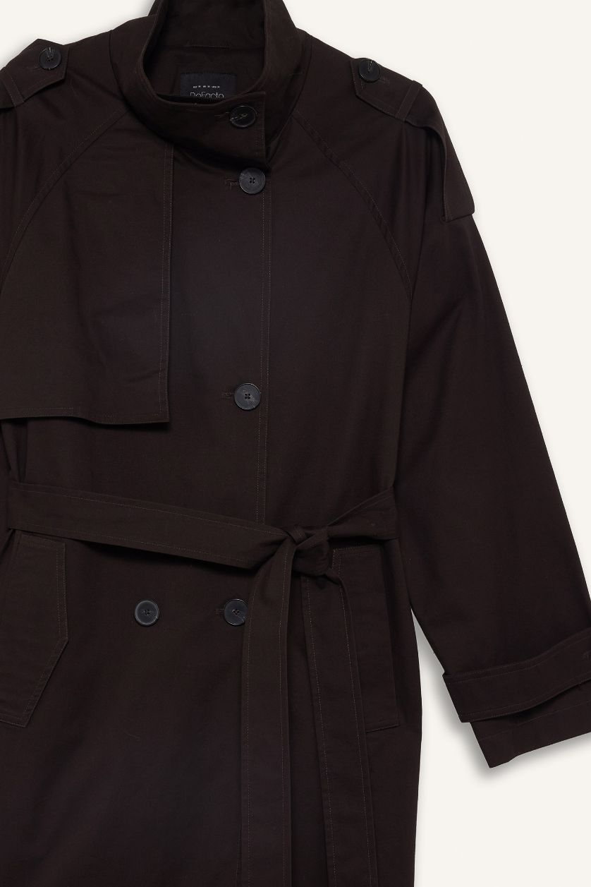 Kadın Kahve Regular Fit Kemerli Pamuklu Uzun Trençkot