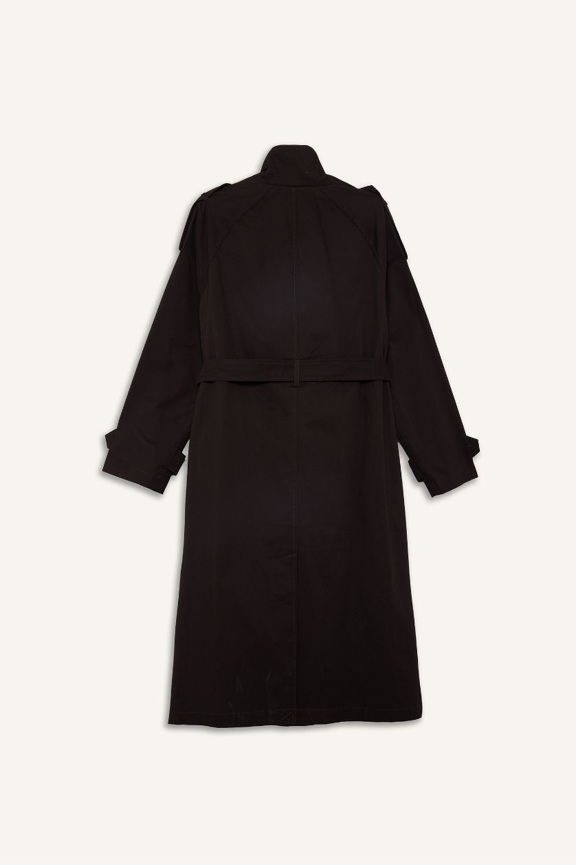 Kadın Kahve Regular Fit Kemerli Pamuklu Uzun Trençkot