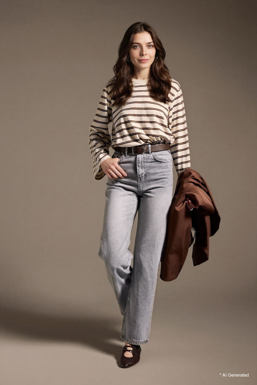 Women Grey 100% Cotton 90's Wide Leg Jeans