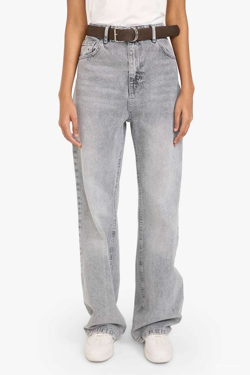 Women Grey 100% Cotton 90's Wide Leg Jeans