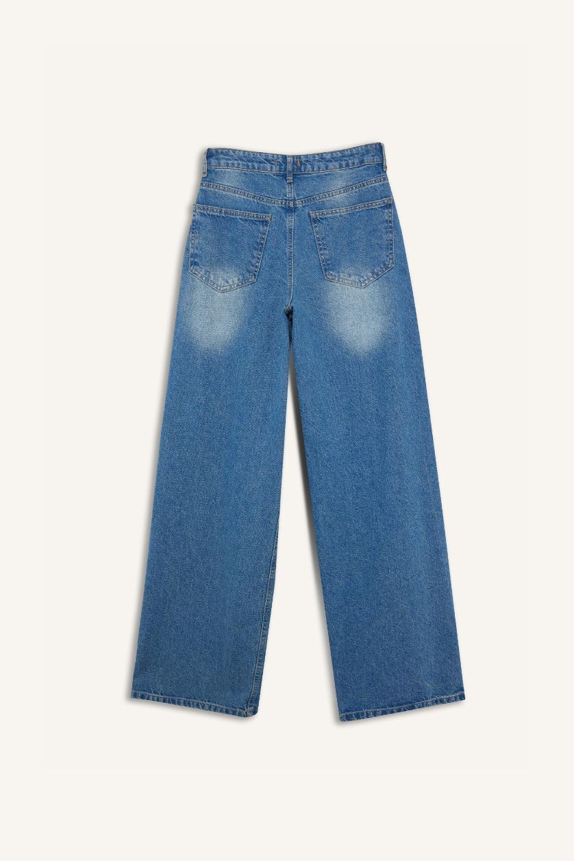 Woman Blue Wide Leg High Waist Long Washed Jeans