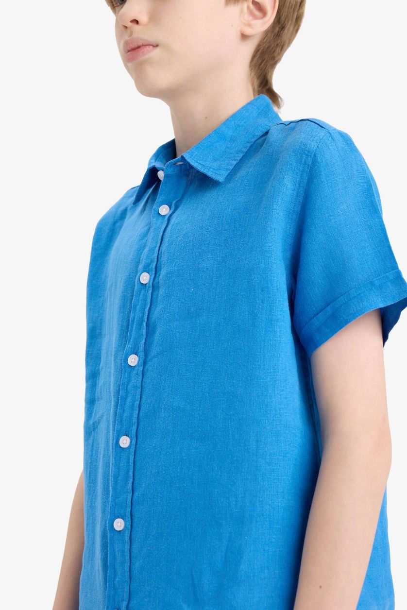 Erkek Çocuk - Genç Erkek Royal Babalar Günü Polo Yaka Keten Kısa Kollu Gömlek Erkek Çocuk