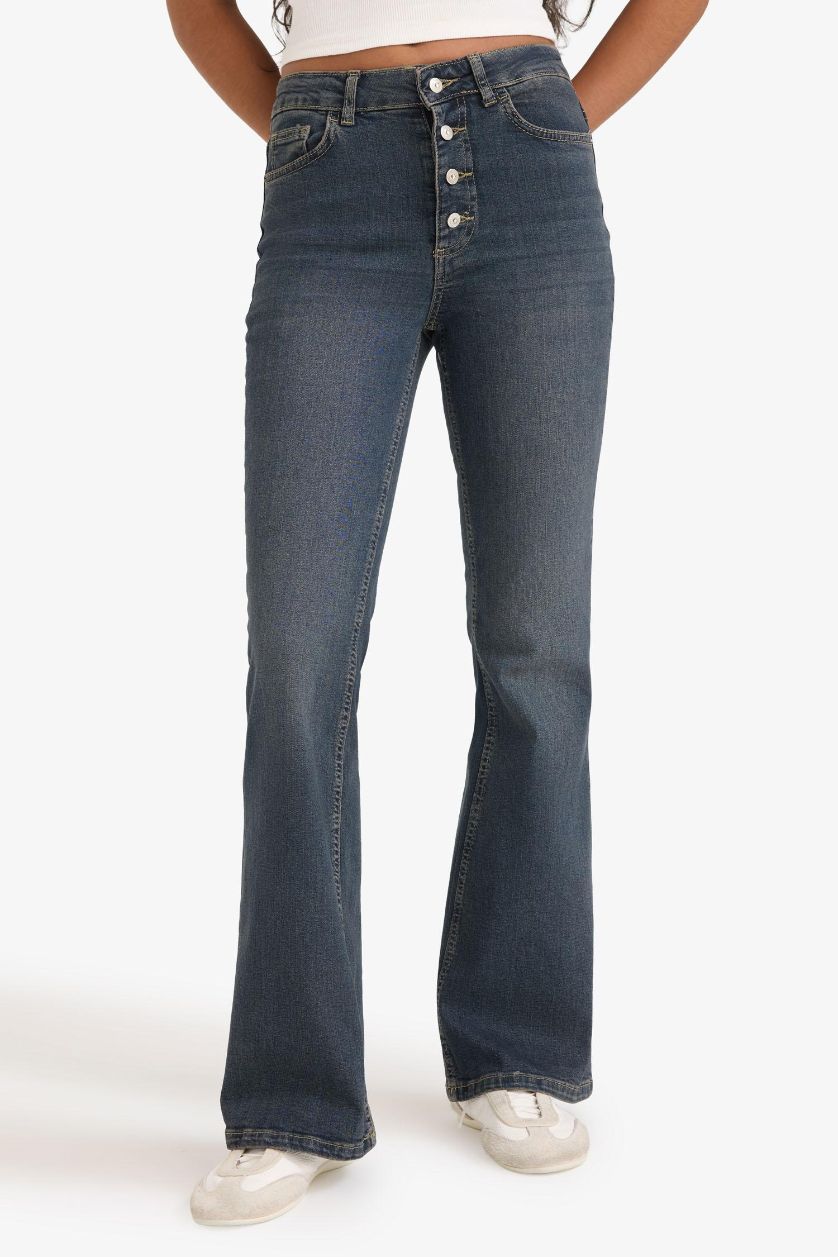 Kadın Antrasit Mia Flare Fıt Normal Bel Uzun Jean Yıkamalı Pantolon