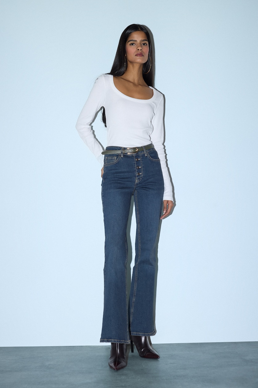 Kadın Koyu Mavi Flare Fit Orta Bel Jean