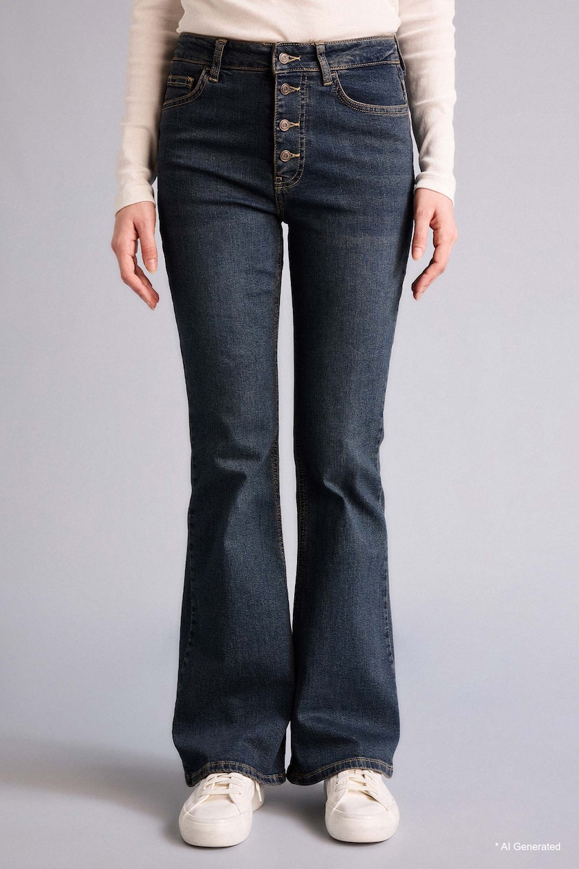 Kadın Koyu Mavi Flare Fit Orta Bel Jean