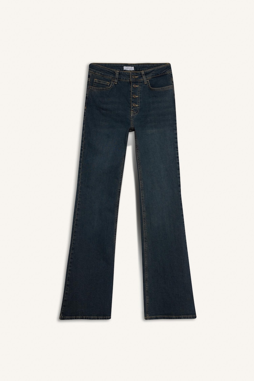 Kadın Koyu Mavi Flare Fit Orta Bel Jean