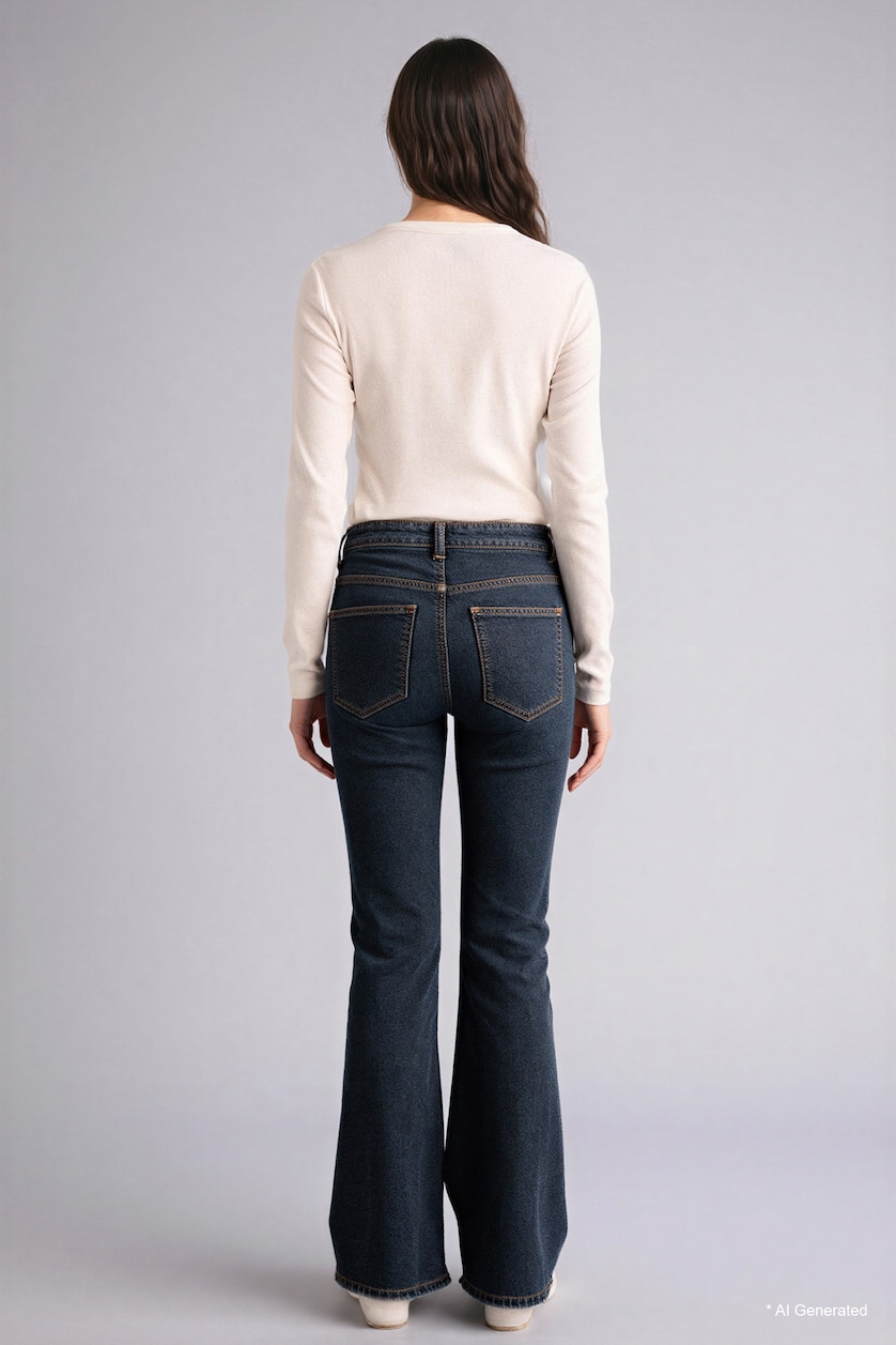 Kadın Koyu Mavi Flare Fit Orta Bel Jean