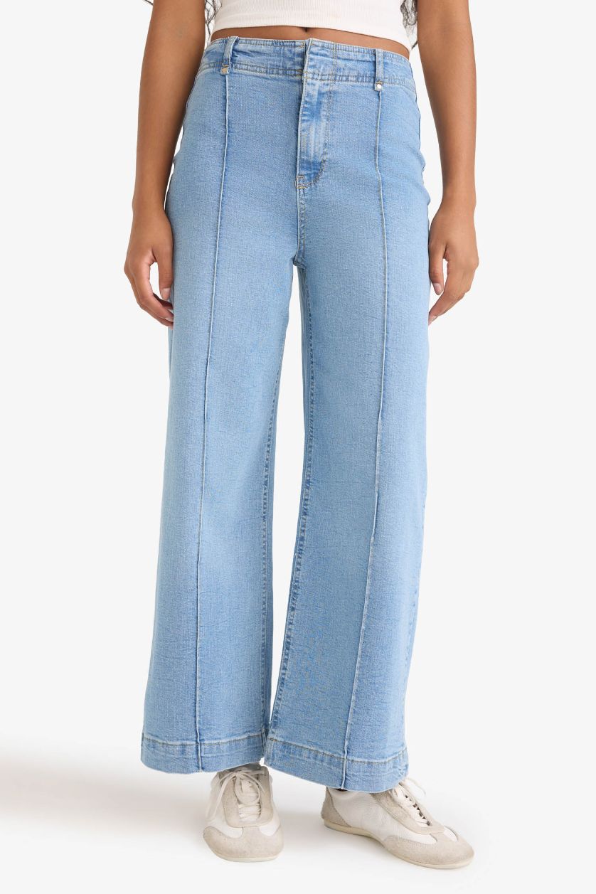 Kadın Açık İndigo Culotte Yüksek Bel Uzun Jean Yıkamalı Pantolon