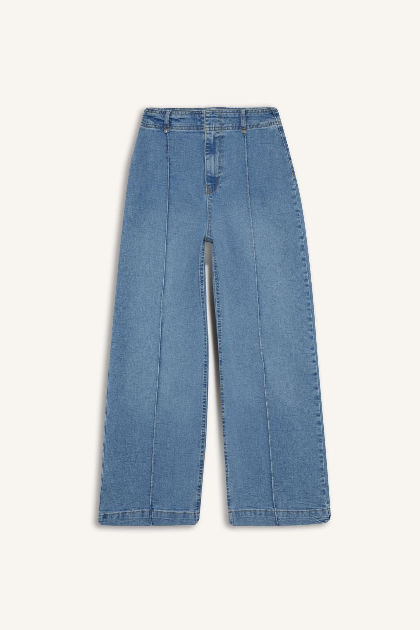 Kadın Açık İndigo Culotte Yüksek Bel Uzun Jean Yıkamalı Pantolon