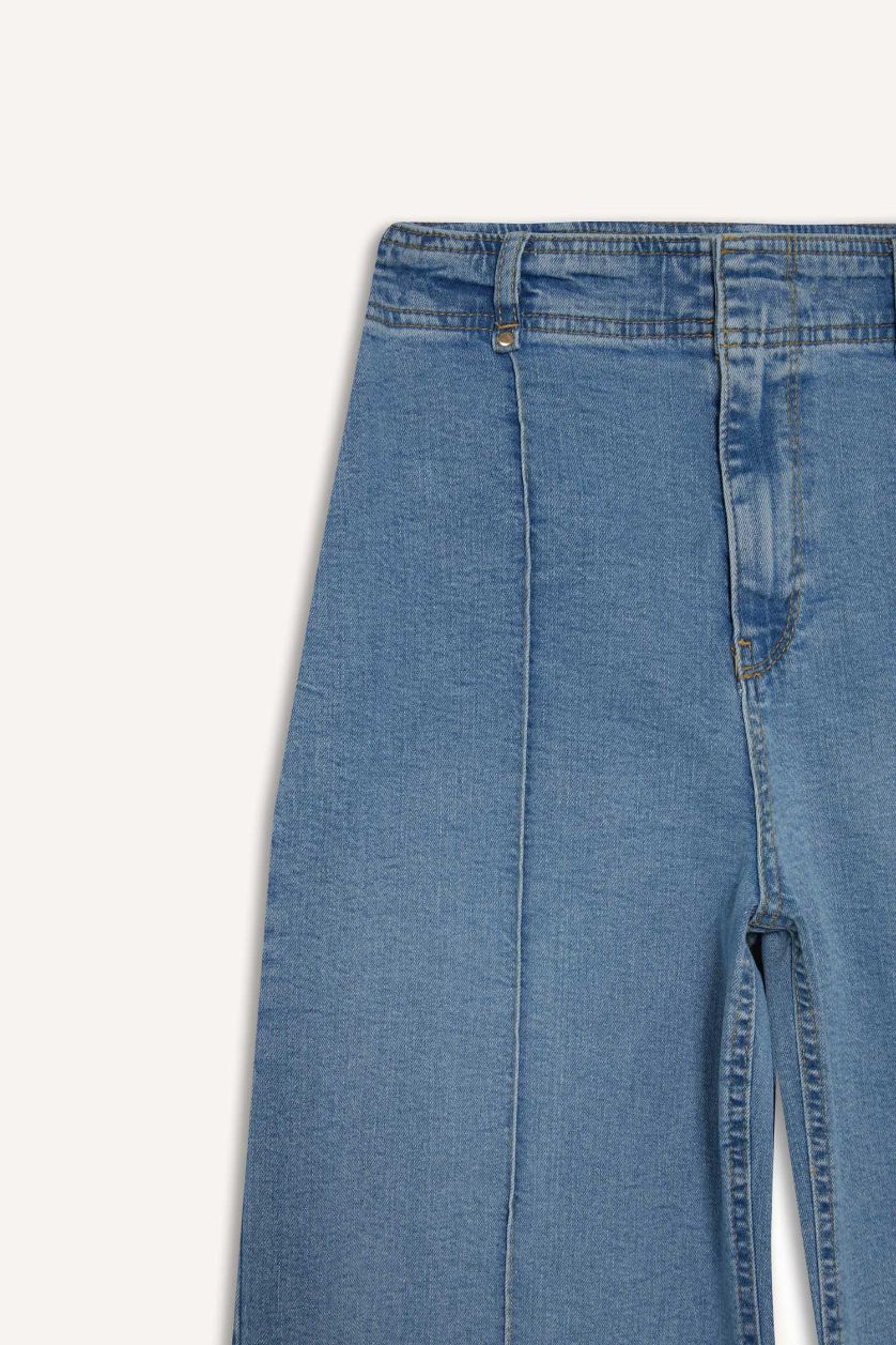 Kadın Açık İndigo Culotte Yüksek Bel Uzun Jean Yıkamalı Pantolon