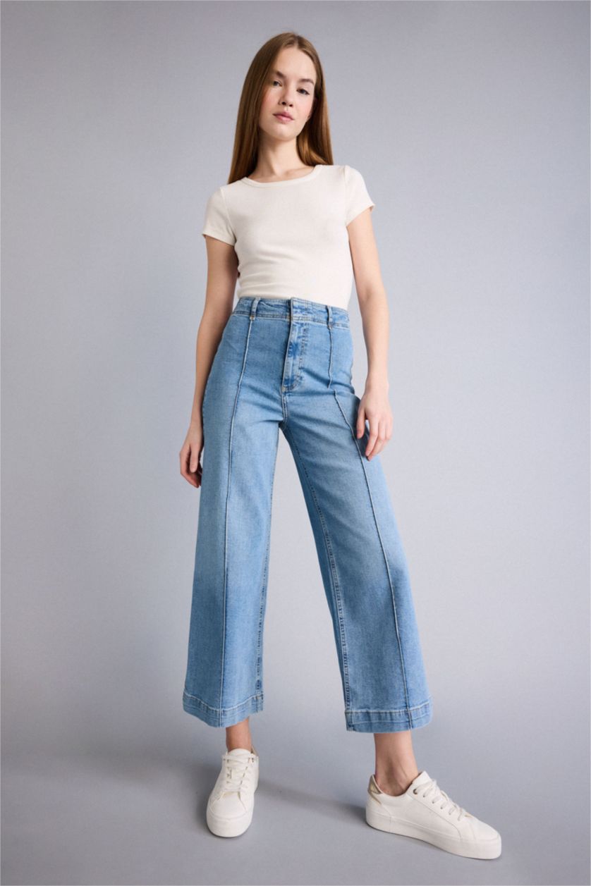 FEMME Indigo Clair Pantalon Jean coupe culotte taille haute à effet délavé