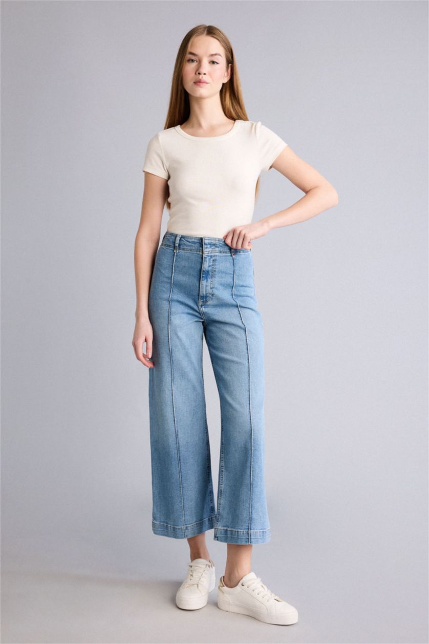 FEMME Indigo Clair Pantalon Jean coupe culotte taille haute à effet délavé