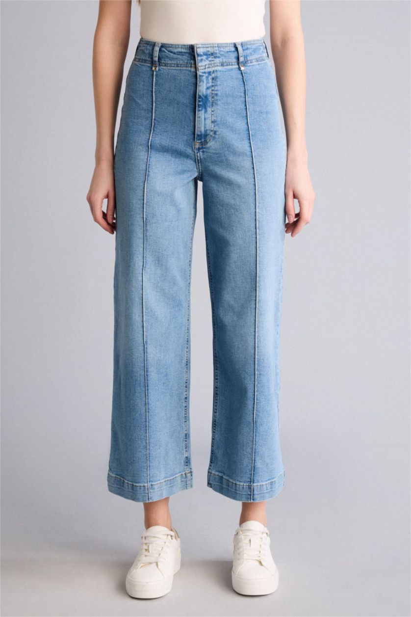 FEMME Indigo Clair Pantalon Jean coupe culotte taille haute à effet délavé