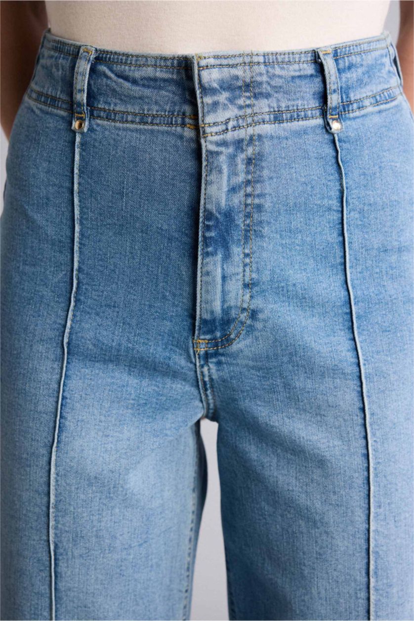 FEMME Indigo Clair Pantalon Jean coupe culotte taille haute à effet délavé