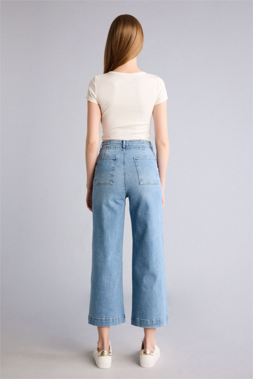 FEMME Indigo Clair Pantalon Jean coupe culotte taille haute à effet délavé
