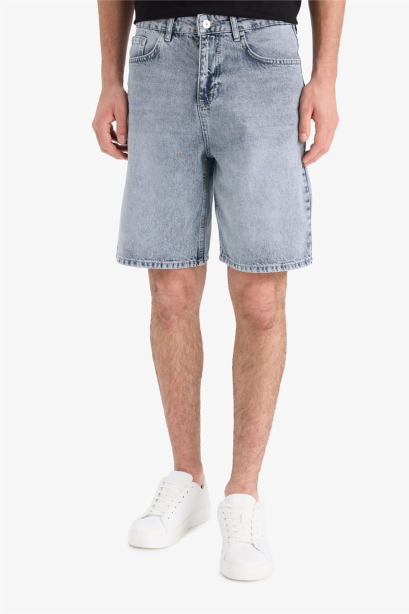 MAN Blue Grey Cotton Straight Fit Denim Bermuda Shorts