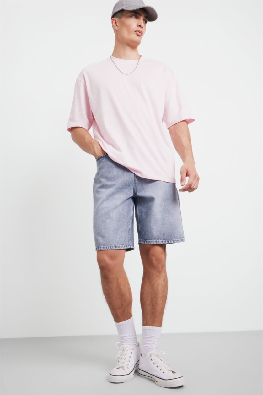 MAN Blue Grey Cotton Straight Fit Denim Bermuda Shorts
