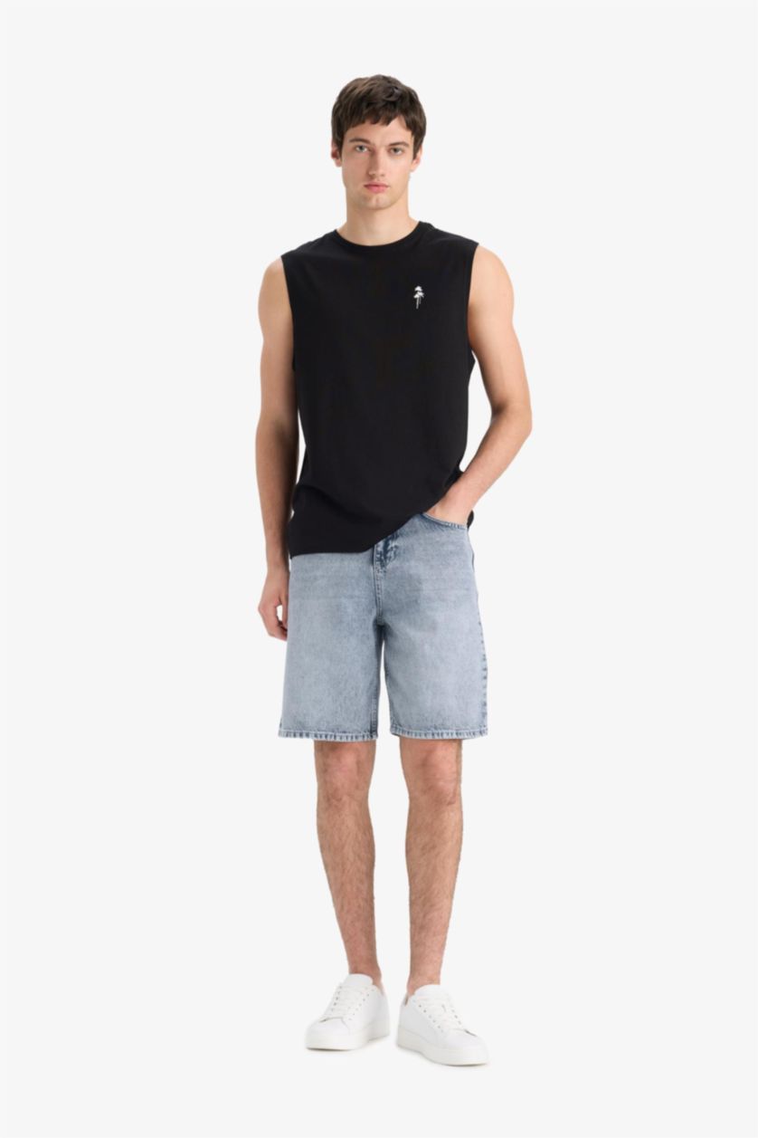 MAN Blue Grey Cotton Straight Fit Denim Bermuda Shorts