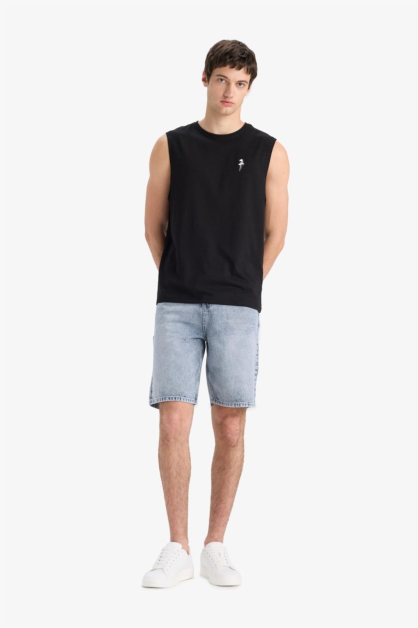 MAN Blue Grey Cotton Straight Fit Denim Bermuda Shorts