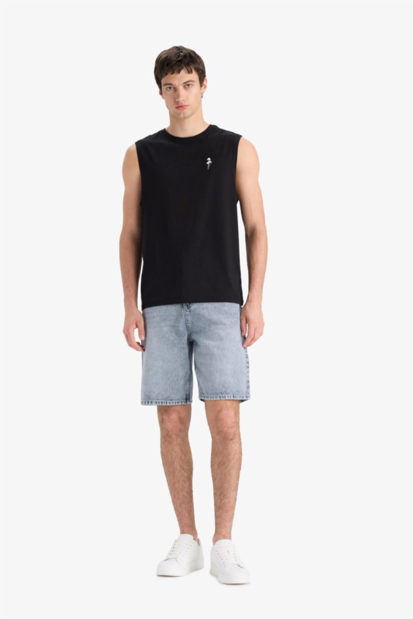 MAN Blue Grey Cotton Straight Fit Denim Bermuda Shorts