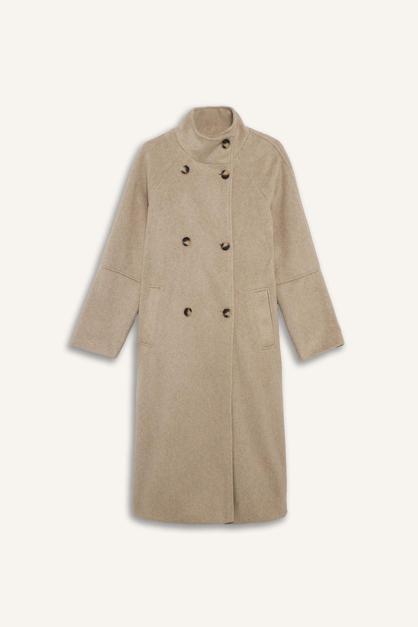 Kadın Bej Relax Fit Düğmeli Uzun Kaşe Kaban