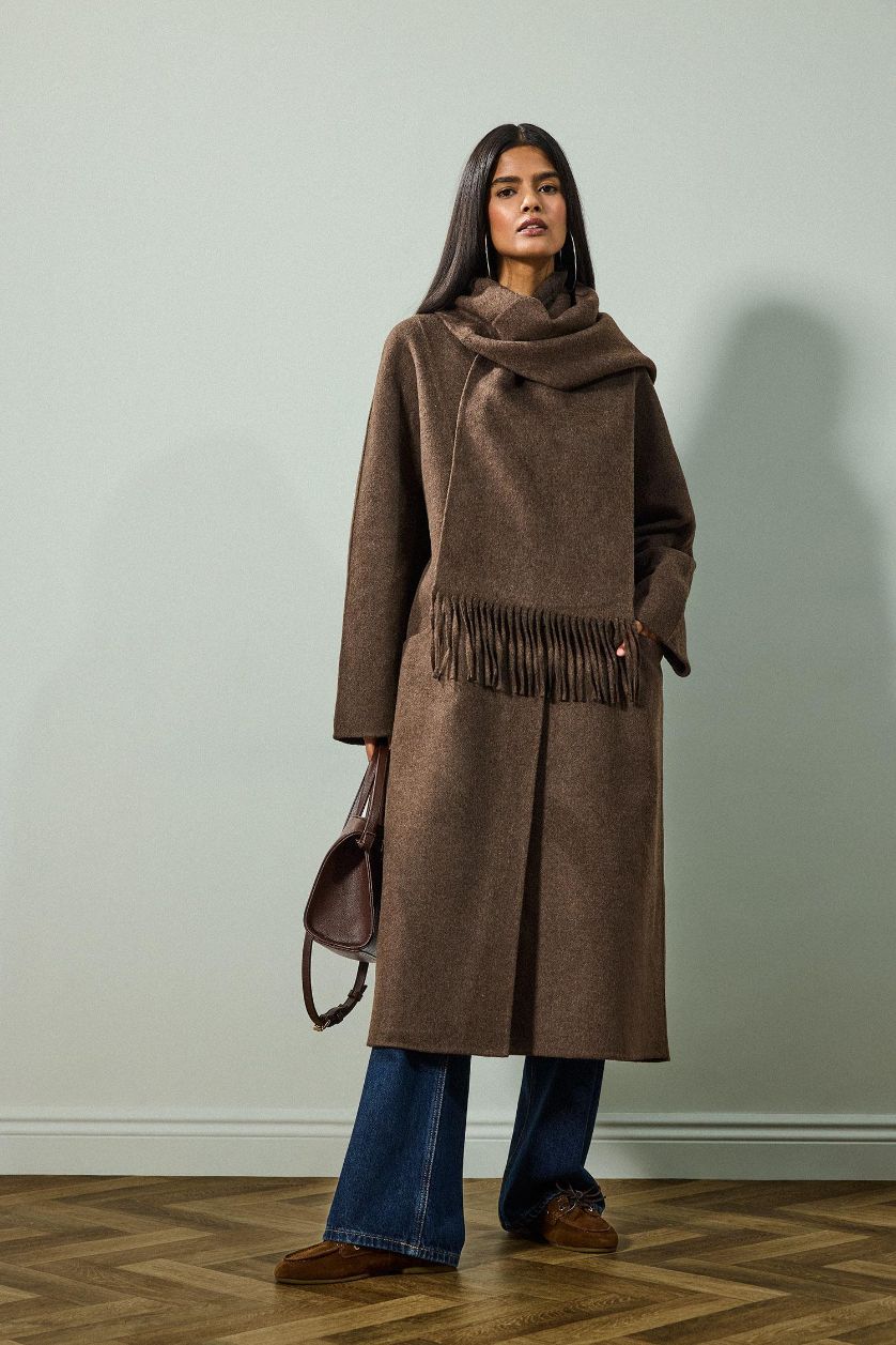Woman Brown Wool Blend Relax Fit Long Detachable Scarf Long Cachet Coat